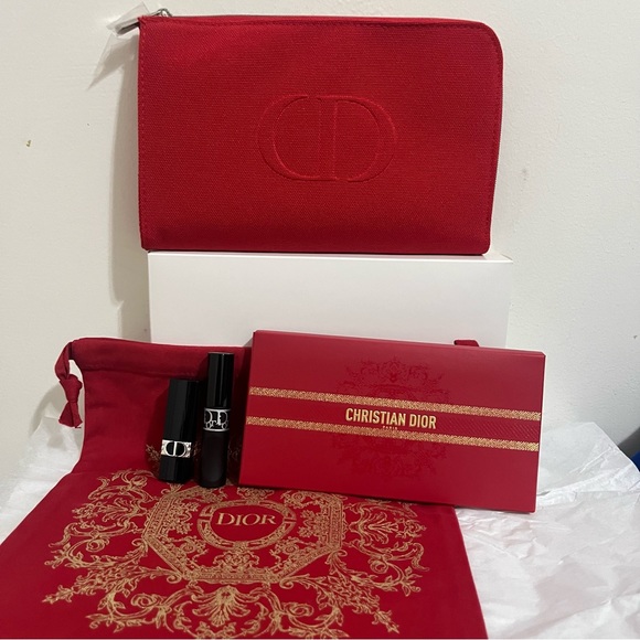 Red Dior Bundle Makeup - Zip Pouch Set Lipstick Mascara Envelope Drawstring - Picture 1 of 7